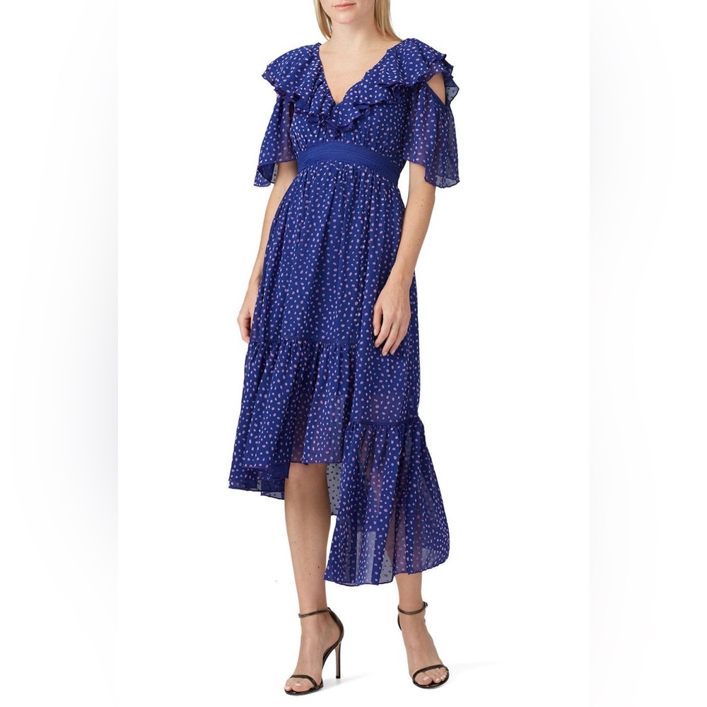 Three Floor Blue Polka Dot High Low Dress